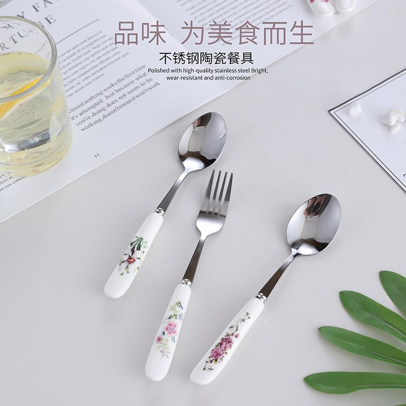 Floral ceramic handle fork rice spoon tableware stainless steel soup coffee ice spoon dessert household mixing spoon 5pcs