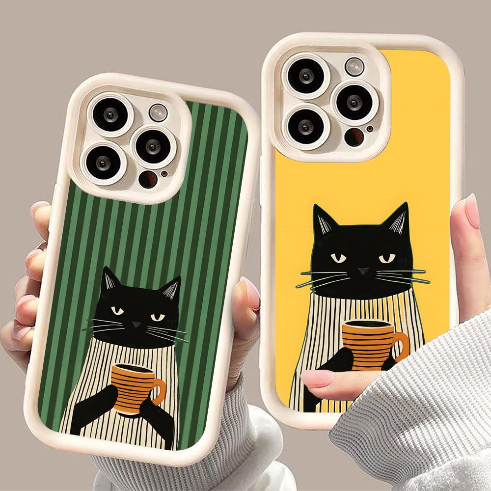 Cute Coffee Cat Thicken TPU Mobile Phone Case for iPhone 17 16 15 14 13 12 11 Air Pro Max Plus Colorful Cover