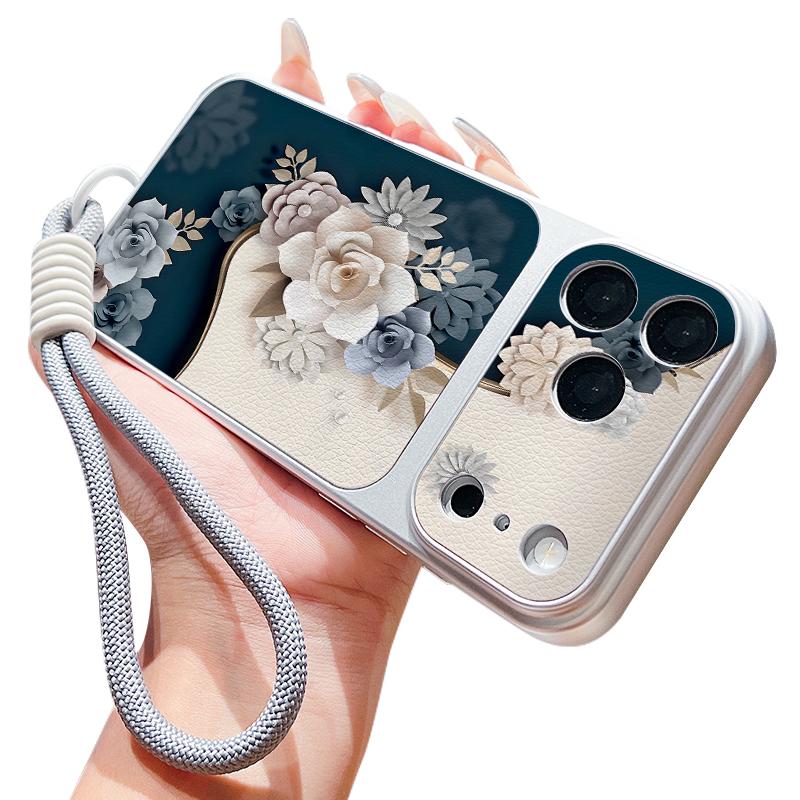 Romantic Rose Flower Pattern Leather Lanyard Case For iPhone 18 Pro Max Hybrid TPU+PU Anti-skid Soft Cover For iPhone 17 16 15 14 13 Pro Max