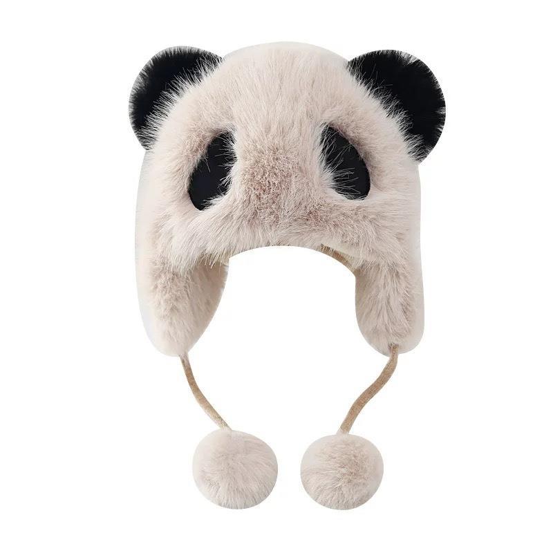 Winter female panda plush hat cute cartoon ear cap fluffy warm windproof cover