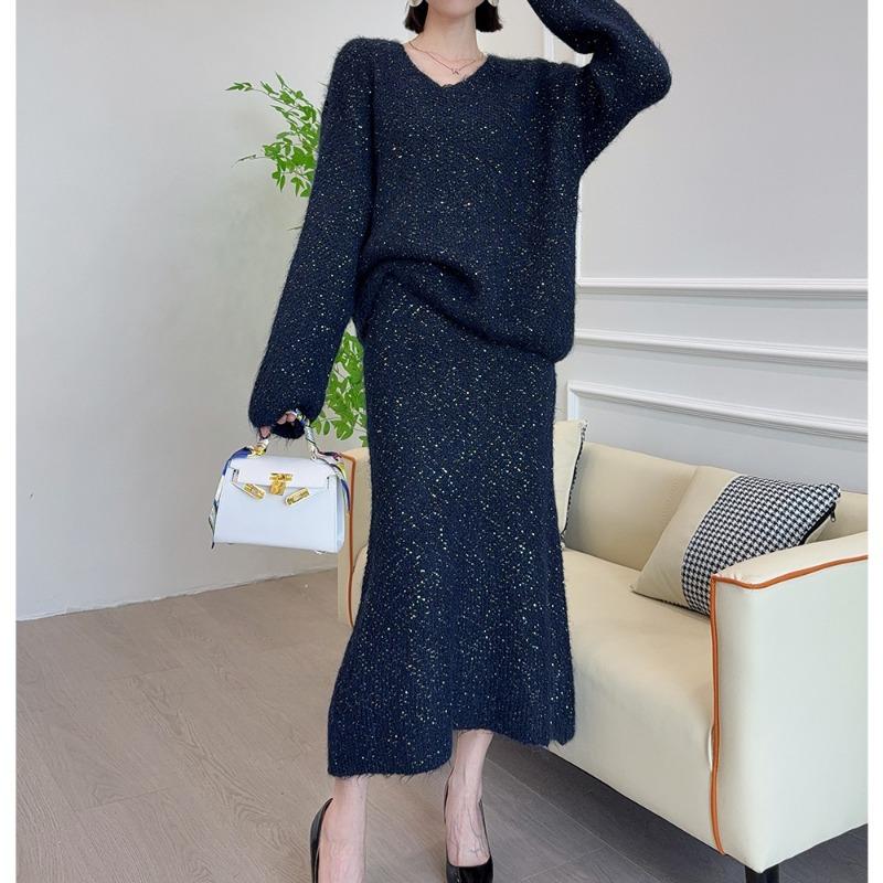 Celebrity sweater jumper fishtail skirt two-piece set autumn and winter bright silk design knitted sweater set women