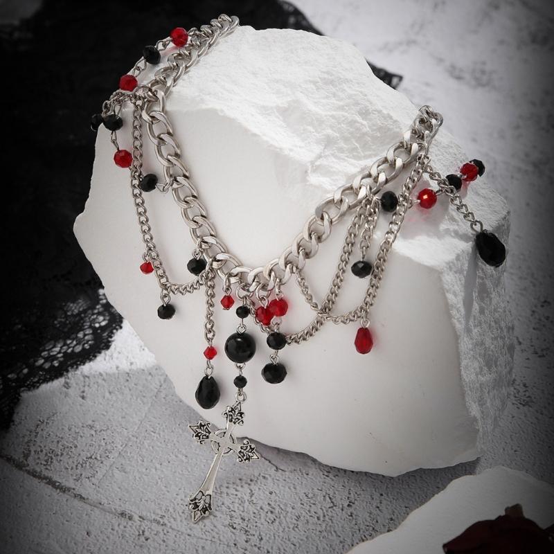 Punk Thorn Cross Pendant Necklace Dark Gothic Cross Fringe Choker Necklace for Women Unique Clavicle Chain Stylish Gift