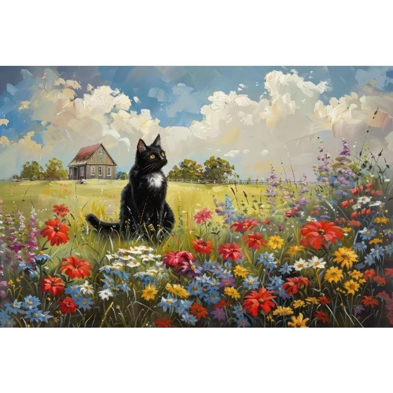 Wildflower Field Cat Sparrow Farm House Painting Posters and Prints Canvas Printing Rustic Retro Wall Art Picture for Home Decor
