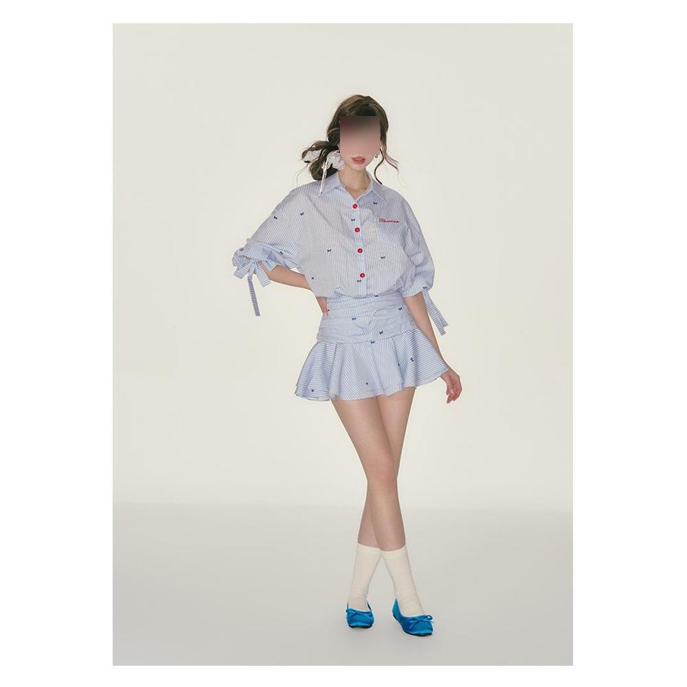 

Элегантное платье для девочек с лацканами, рукавами до локтя, талией, рубашечного кроя, синее в белую полоску, с оборками и плиссированной юбкой для женщин XL- (recommended 110-60kg)