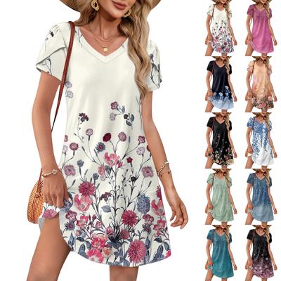 Women's Summer Fashion V-Neck Loose Dress Petal Short Sleeve Floral Print Beach Dresses