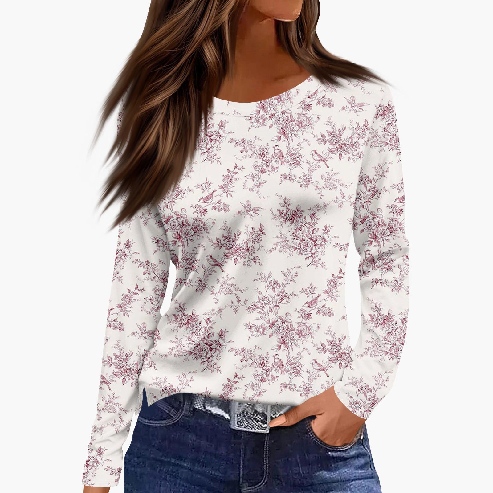 Ladies  Casual Round Neck Floral Printed Long Sleeved Shirt XL розовый