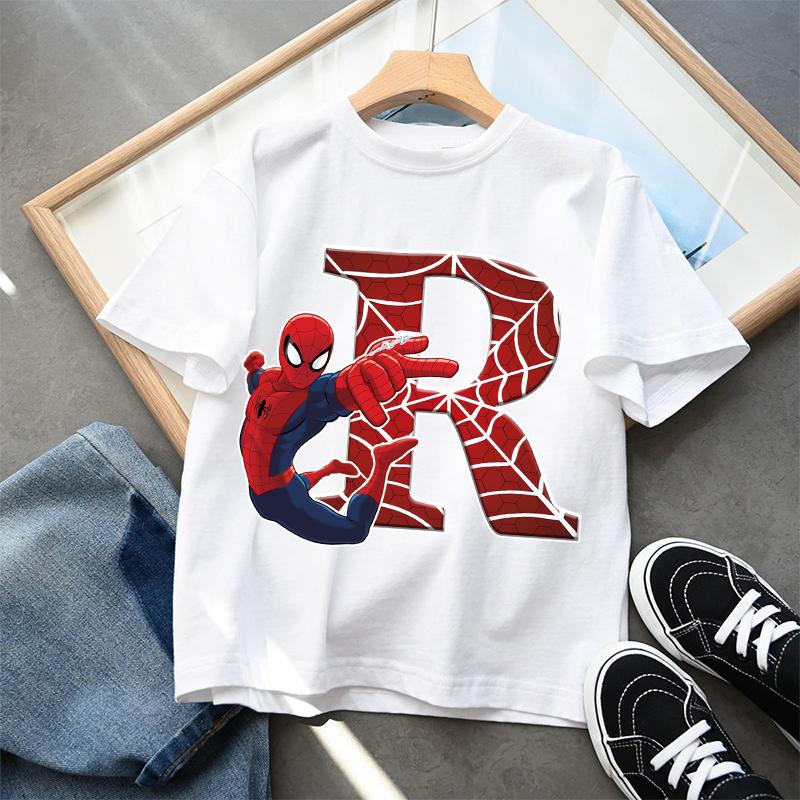 

2026 New Childrens Spider Unisex Cartoon Letter Printed Tshirt Cotton Tshirt Boys Short Sleeved Top Childrens Clothing S