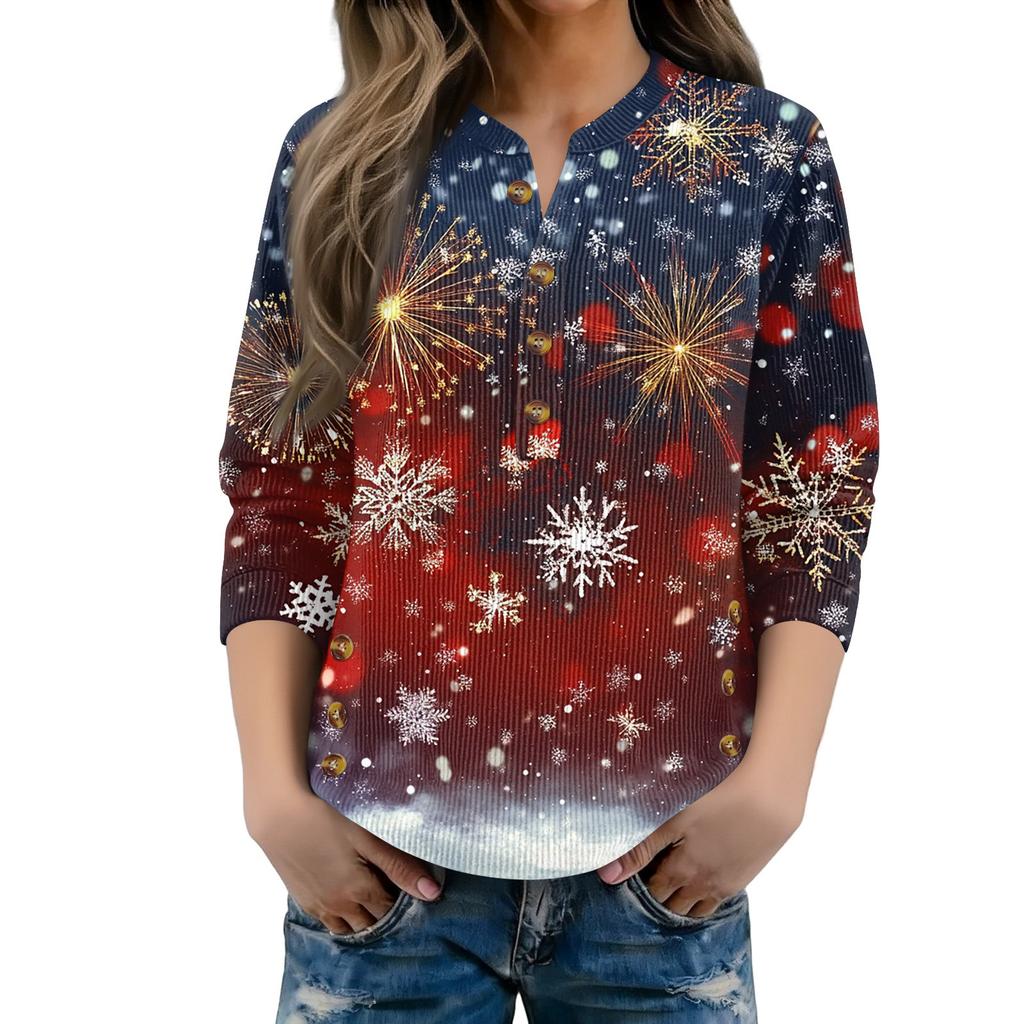 Women's Fashionable Button Collar Long-sleeved Christmas Print Pullover Top