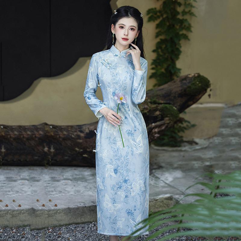 Blue National Style New Chinese Long Autumn Long-sleeved Cheongsam Improved Young Women's Retro Slim Waist Autumn and Winter Clothing