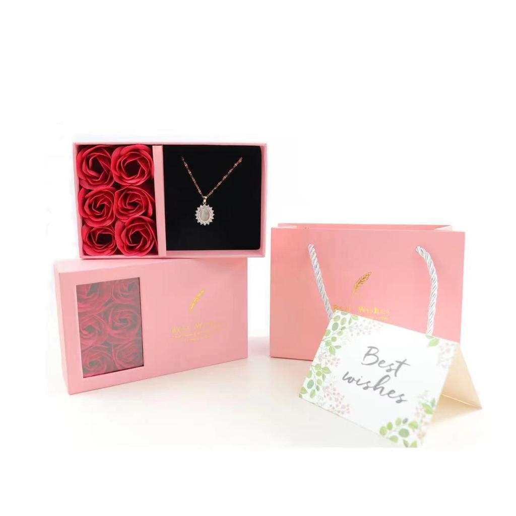 520 Qixi Preserved Rose and Ring Gift Box with Windowed Lid - 6 Roses and Pendant Display