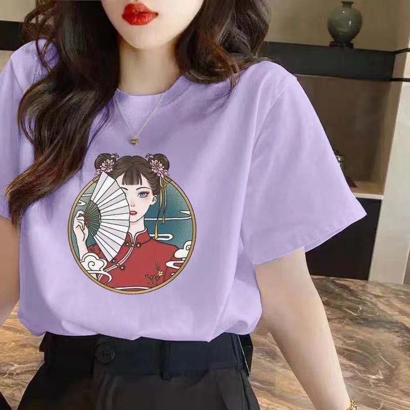 

Бавовняна футболка з короткими рукавами Жіноча літня футболка в китайському стилі Вільна біла футболка з низом Модна S