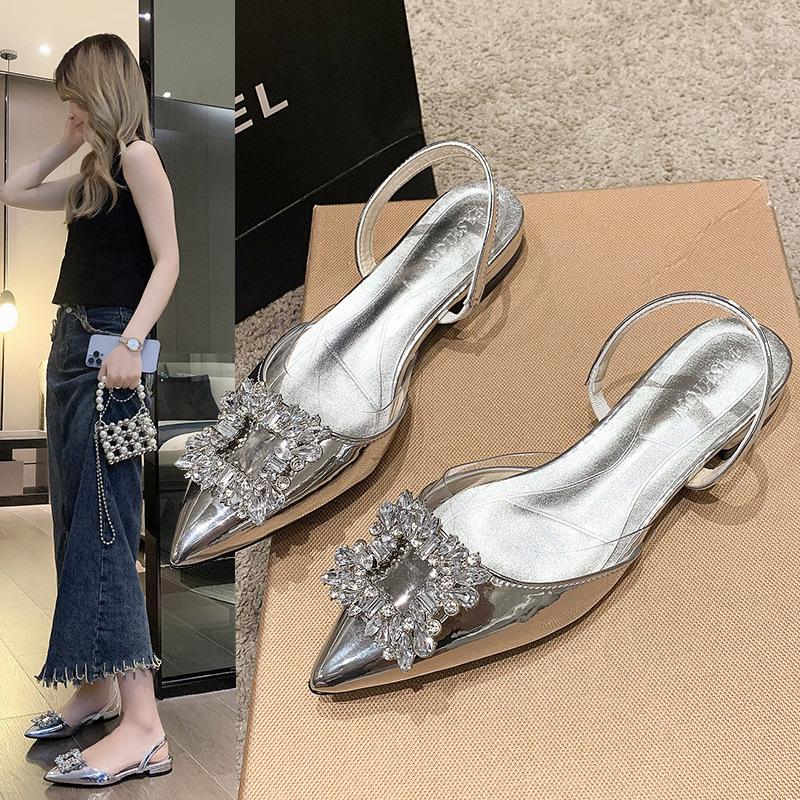 Fashion Elegant Low Heels Pumps for Women 2025 Spring Rhinestones Buckle Shallow Mouth Single Shoes Woman Pointed Toe Office Sandal Shoe