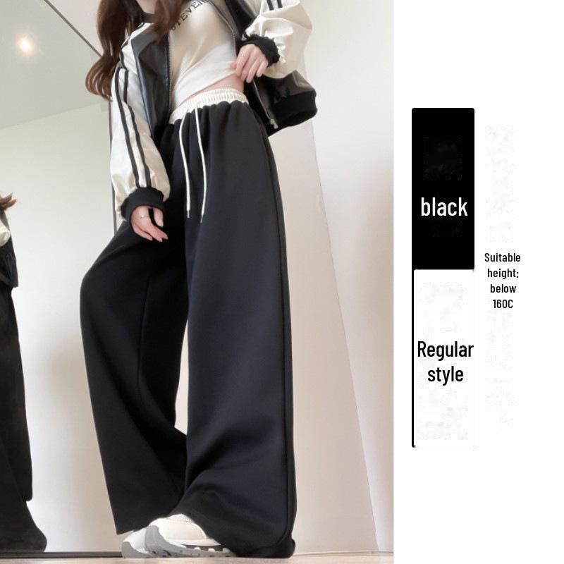 Women's High-Waist Navy Blue Drawstring Wide-Leg Sweatpants - American Style, Contrast Color, Autumn Casual Wear