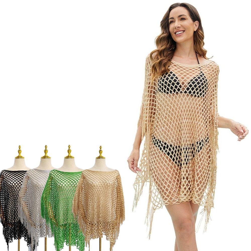 Through Hollow Out Pareo Solid Color Tassels Shawls Sexy Long Sleeve Cover Up for Women