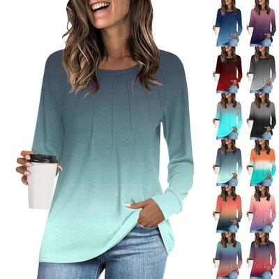 Women's T Shirt Tunic Tops Casual Long Sleeve Pleated Blouse Loose T Shirt Basic Round Neck Regular Top