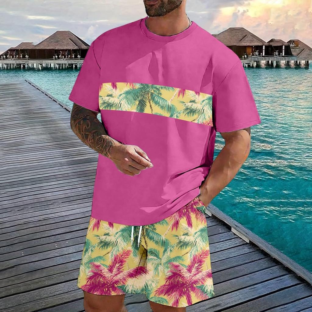 Men's Casual Two Piece Set Short Sleeve T Shirt and Elastic Waist Drawstring Shorts Summer Outfit Lightweight Comfortable Fit