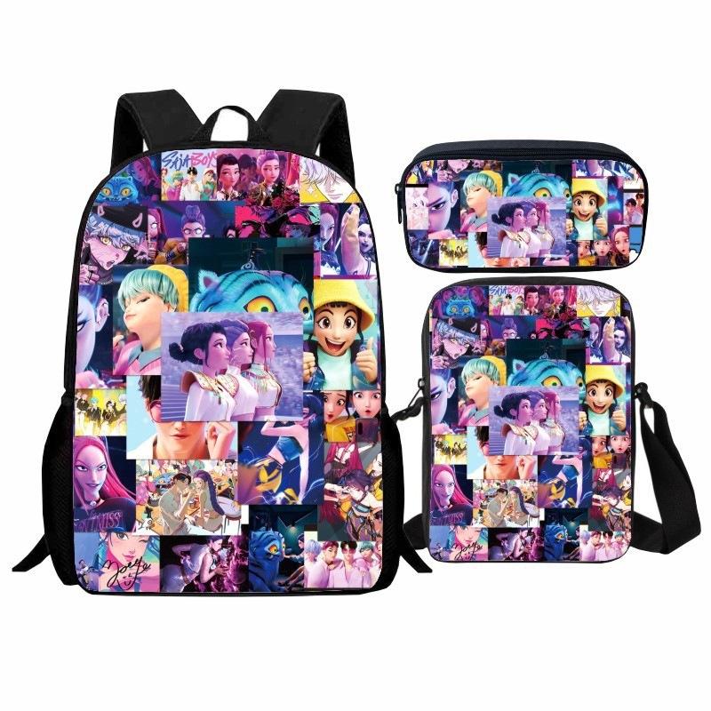 Set Zaino per Studente Gruppo di Ragazze Cacciatrici Kpop 3-in-1 Cartone Animato Borsa Scolastica con Borsa a Tracolla e Astuccio