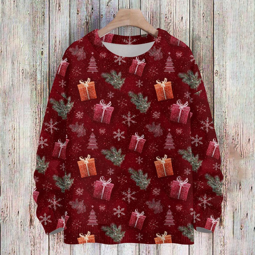 Ladies' Fashionable And Casual Christmas Cute Printed Round Neck Long Sleeved Knitted Yarn
