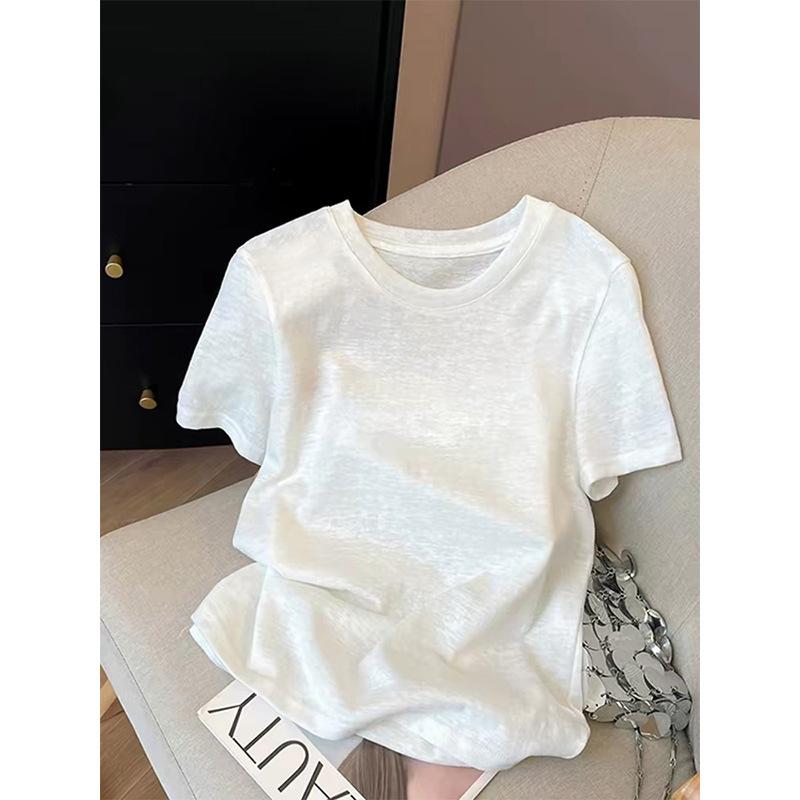 Snowflake cotton shoulder shoulder crew neck short-sleeve T-shirt for women, fashionable versatile white thin base shirt, spring, summer, autumn trend