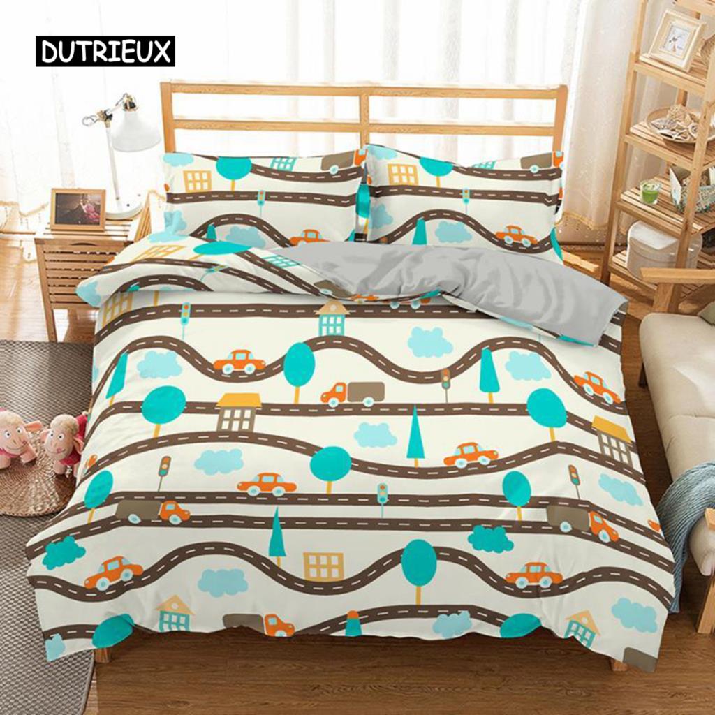 Travel Guide Duvet Cover Set Cartoon Route Car House Building Pattern Bedding Set Microfiber Travel Theme King Size Quilt Cover