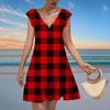 Women's Fashion Casual V Neck Wavy Edge Striped Plaid Print Short Sleeve Dress