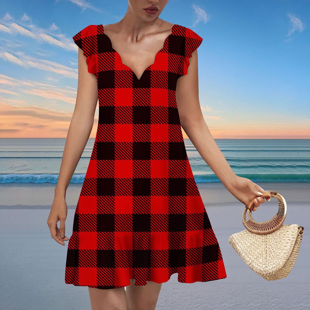 Women's Fashion Casual V Neck Wavy Edge Striped Plaid Print Short Sleeve Dress