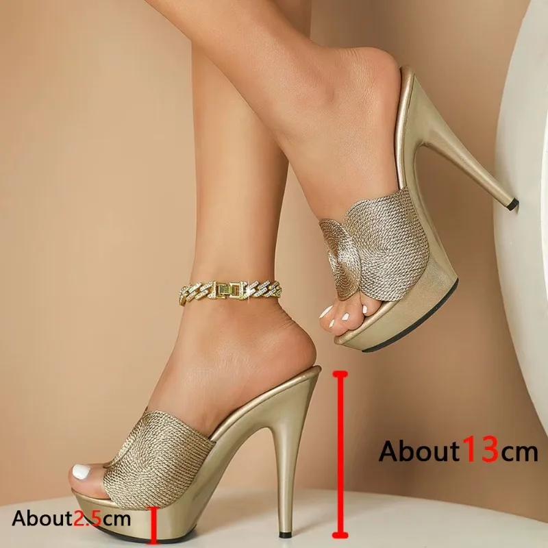Spring Summer Chunky Platform Super Thin Heeled 13cm Mule Sandals For Women Hemp Elegant Chic Sexy Party Shoes Sandals Size43