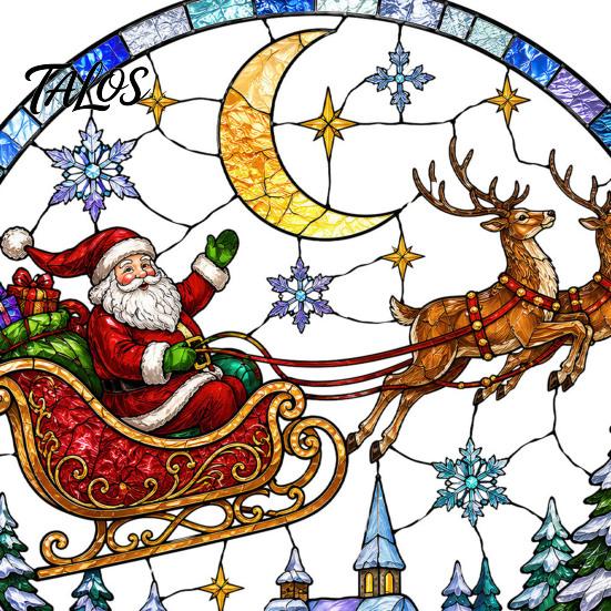PVC Christmas Window Decoration Santa Sleigh Suncatcher Cling, Stained Glass Style Static Holiday Party Ornament Sticker, Rainbow Film Xmas Decor for