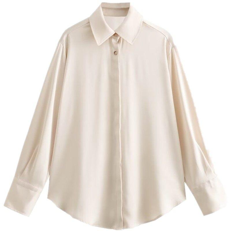 Fashion Style Autumn New Women's Clothing Temperament Wild Silk Satin Texture Long Sleeves Lapel Shirt 8767897 712