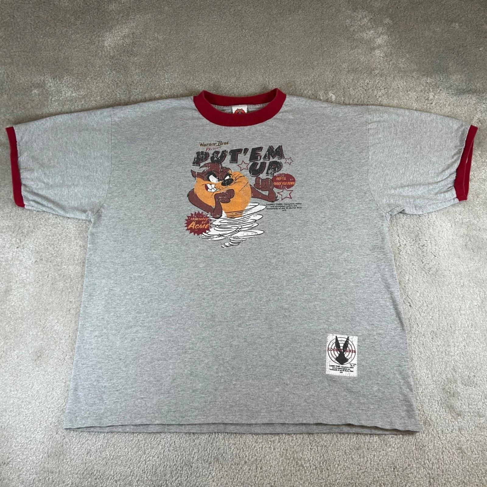 Vintage 2003 Looney Tunes Taz Put Em Up Ringer T-shirt Men s XL Grey Red Graphic 3XL