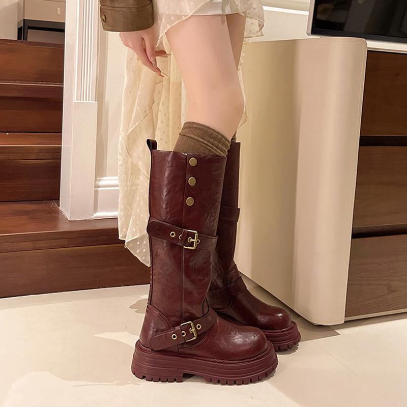 

Brand Luxury Platform Knee High Boots Leather Women Shoes 2025 Designer New Goth Chelsea Boots Fashion Snow Long Botas Mujer 35 вина червоного кольору