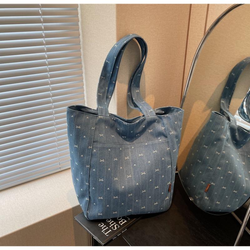 

Spring and summer new casual denim bow tote bag, student commuting versatile, lightweight and large-capacity messenger bag синий