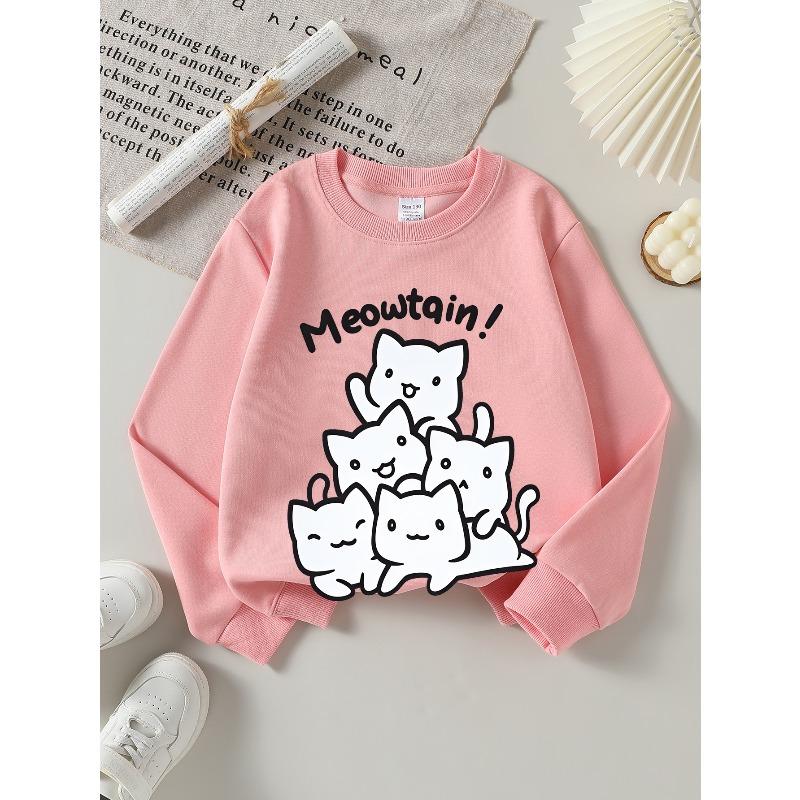Girls Soft Crewneck SweatshirtCute White Cats Meowtain Print Design with Cute Creative Print, Casual All-Match for Fall Winter, Ideal Holiday Present