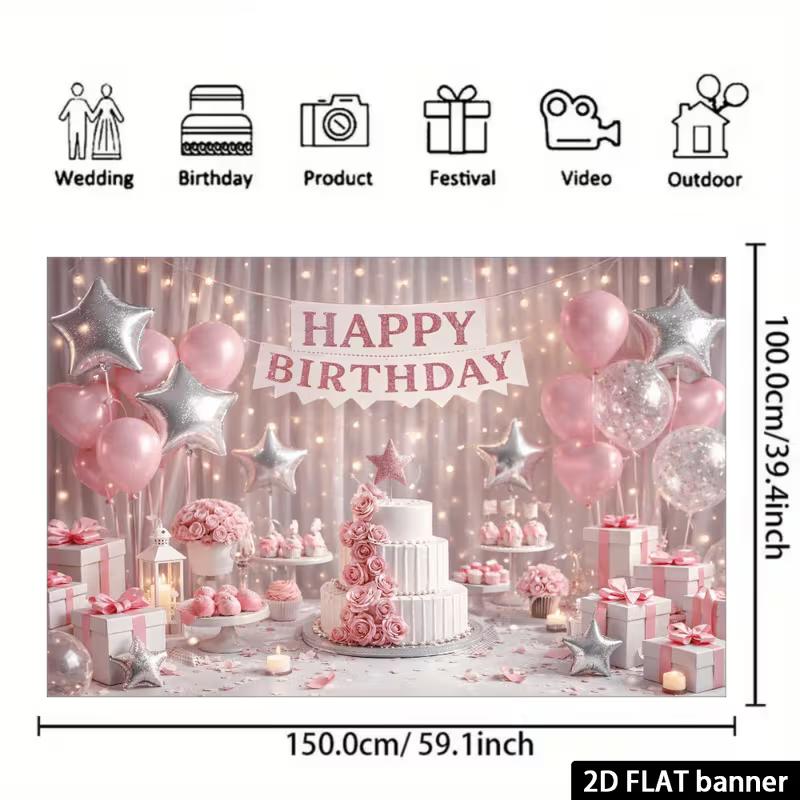 

2D Pink Balloon & Cake Happy Birthday Backdrop Banner Photo Booth Background 47.2x31.5inch/120*80cm