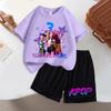 Summer Demon Hunters Purple T-shirt Shorts Suit for Girls Cartoon Number 3D Printed Short-sleeved Top
