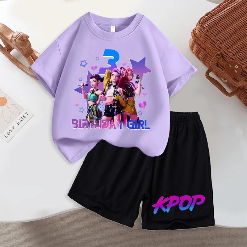 Summer Demon Hunters Purple T-shirt Shorts Suit for Girls Cartoon Number 3D Printed Short-sleeved Top