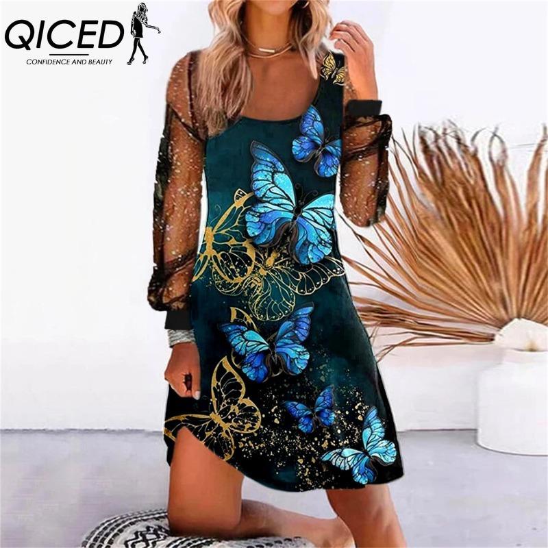 

QICED Женская мода весна осень однотонный принт длинный рукав U-образный вырез высокая талия повседневные платья XXXL