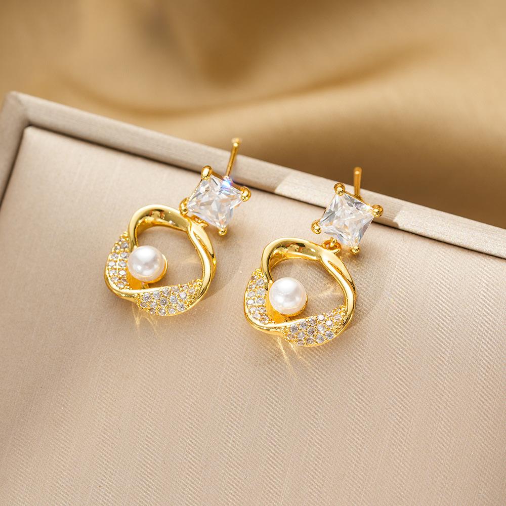 Set Colier și Cercei Zircon Micro-incrustat de Înaltă Calitate, Geometrie Neregulată, Perle de Imitație, pentru Femei