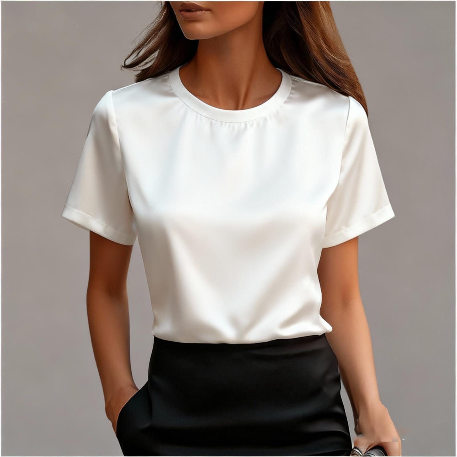 

Women s round neck, stylish and casual, color satin short-sleeved top. M білий