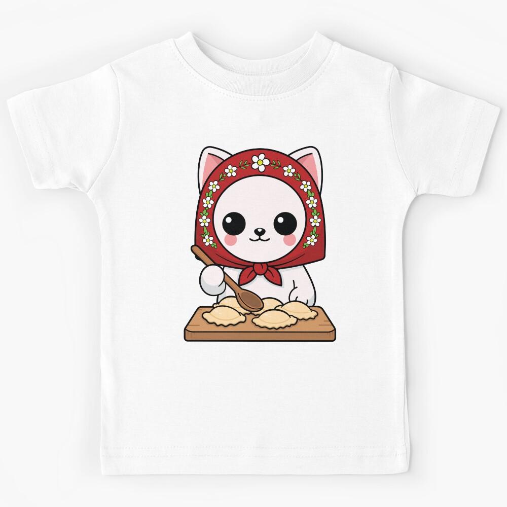 Cute Slavic Babushka Cat Making Pierogi Kids T-Shirt 100