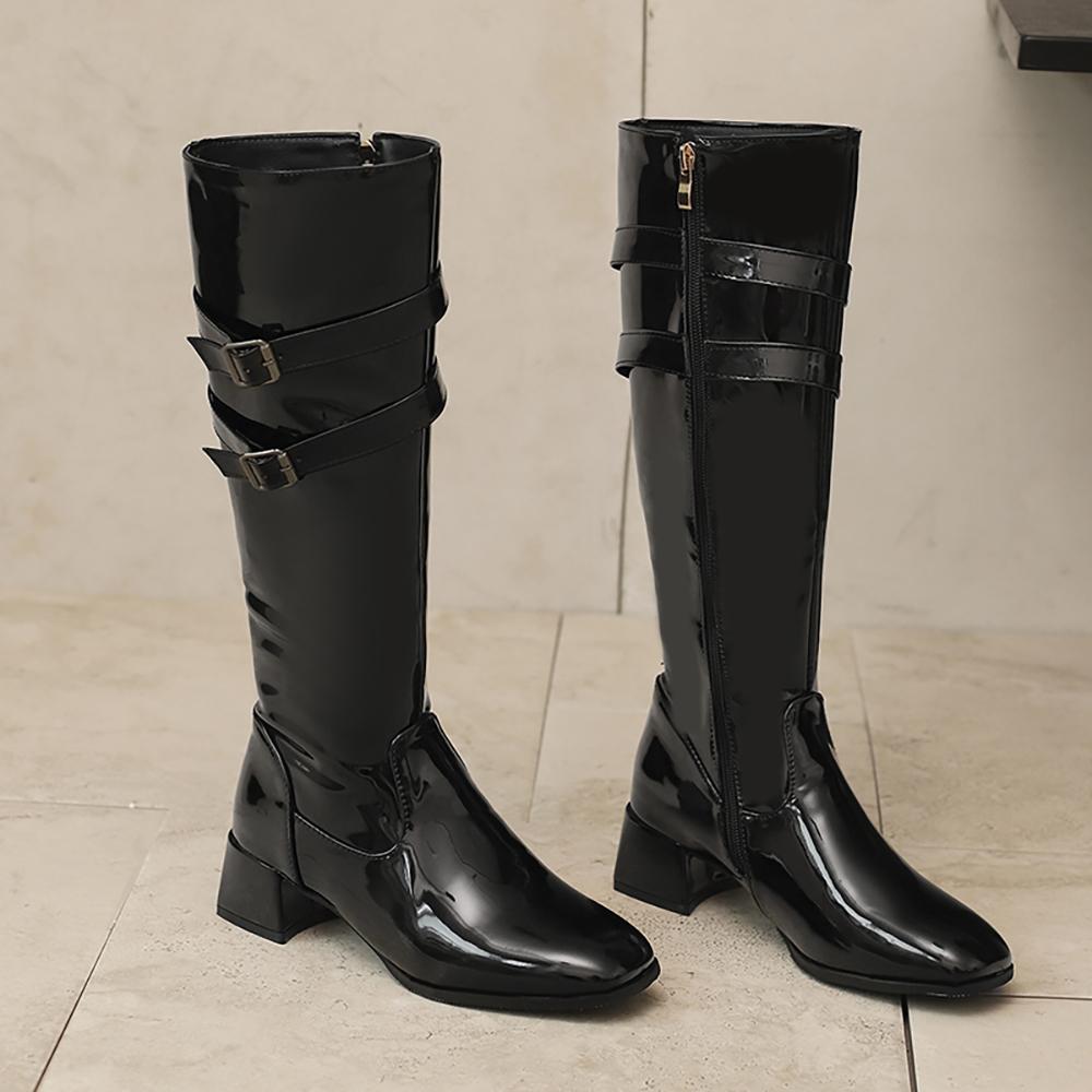 Red Black Women Knee High Boots Round Toe Mid Chunky Heels Small Big Size 32 46