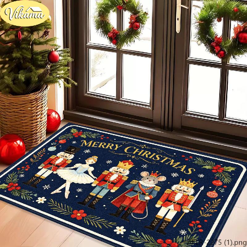 Christmas Nutcracker Rug, Merry Christmas Soldier Holly Berry Welcome Rug, Soft Non-Slip Entryway Doormat, Home Decor