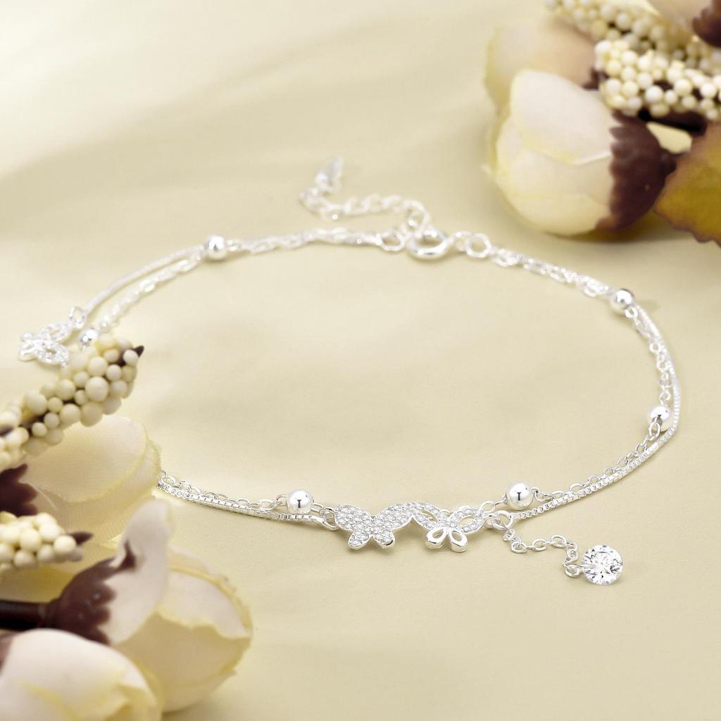 Korean Fashion Double Layer Butterfly Tassel Anklet - Versatile 925 Silver Women's Style