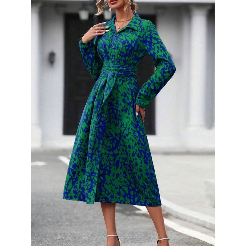 Spring New Fashion Fashion Commuter Ol Single-Breasted Print Waist-Controlled Lace-up Mid-Length Long Sleeves Dress Dress