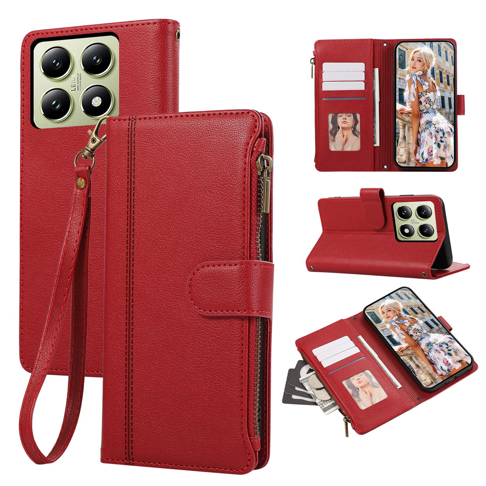 

For Xiaomi 14T Case Multi Card Slots Zipper Leather Phone Cover with Wrist Strap Red