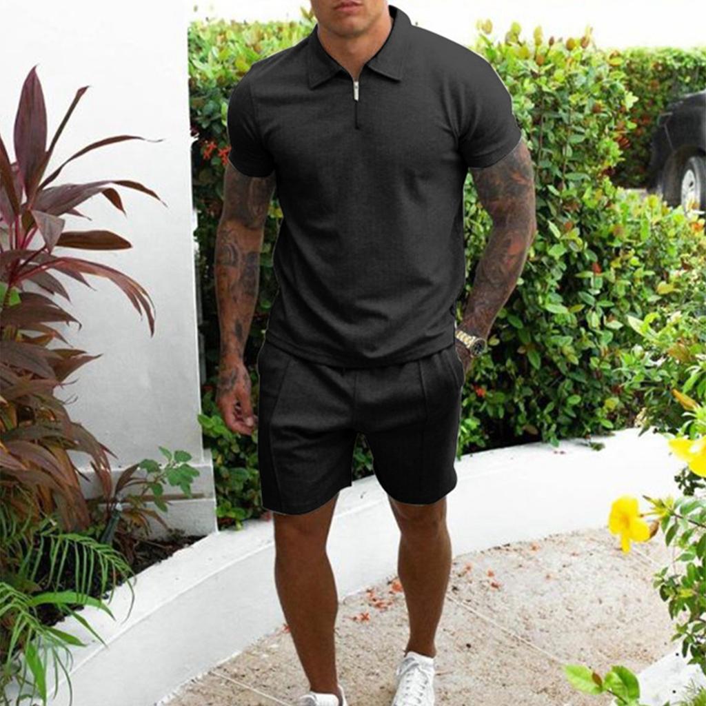 Men’s Short Sleeve Polo Shirt and Shorts Set with Zipper Collar Athletic Fit Casual Two Piece Outfit for Summer Wear