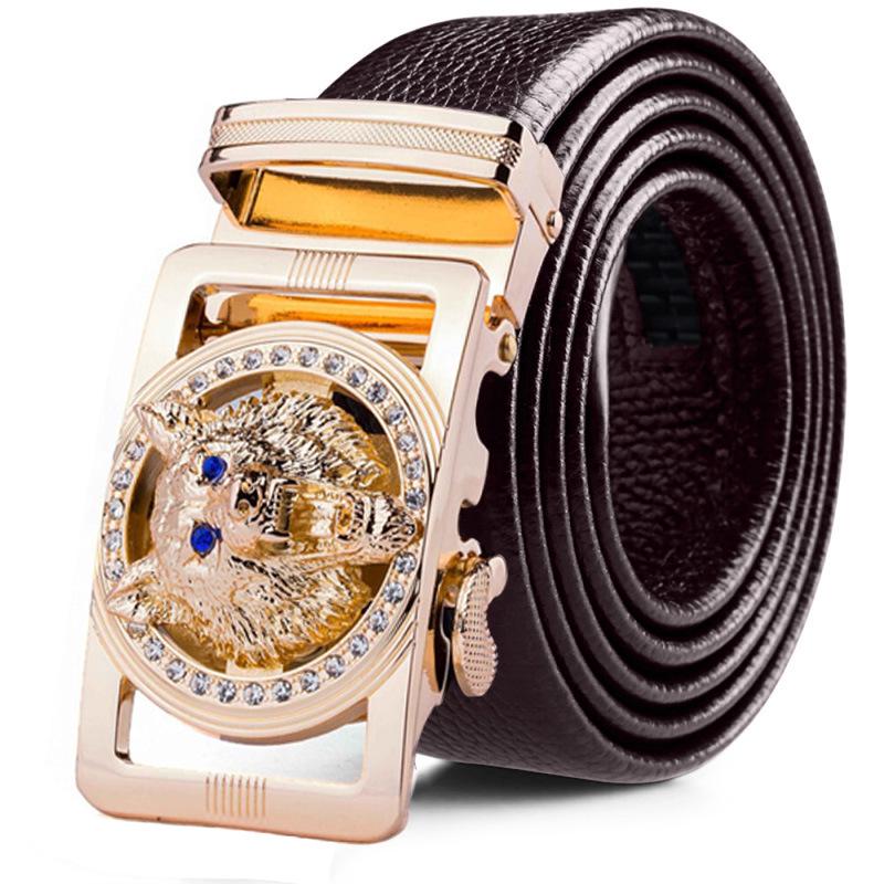 Genuine Leather Wolf Belt for Men Polychrome Rhinestone Alloy Belt Automatic Buckle Black Luxury Brand Plus Size Ceinture Homme
