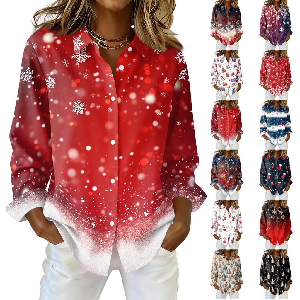 Women's Christmas Print Long Sleeve Casual Button Down Shirt Top