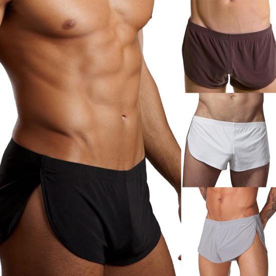 Solid Color Casual Men Elastic Waistband Split Shorts Underwear Home Sportswear