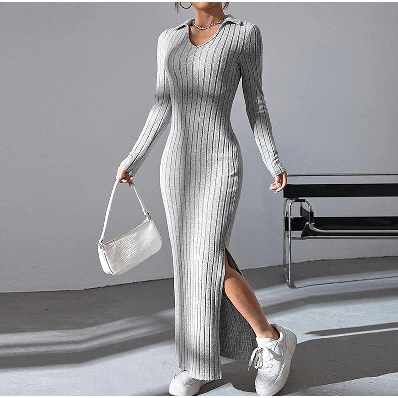 Women's Knit Dress Fall Casual Long Sleeve Lapel Collar Solid Color Bodycon Long Dresses Maxi for Female Going Out Streetwear